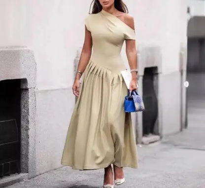 Dresses Women's 2026 New Fashion Female Clothing Summer Round Neck Short Sleeve Patchwork Asymmetrical Pleated High Waist Dress