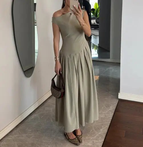 Dresses Women's 2026 New Fashion Female Clothing Summer Round Neck Short Sleeve Patchwork Asymmetrical Pleated High Waist Dress