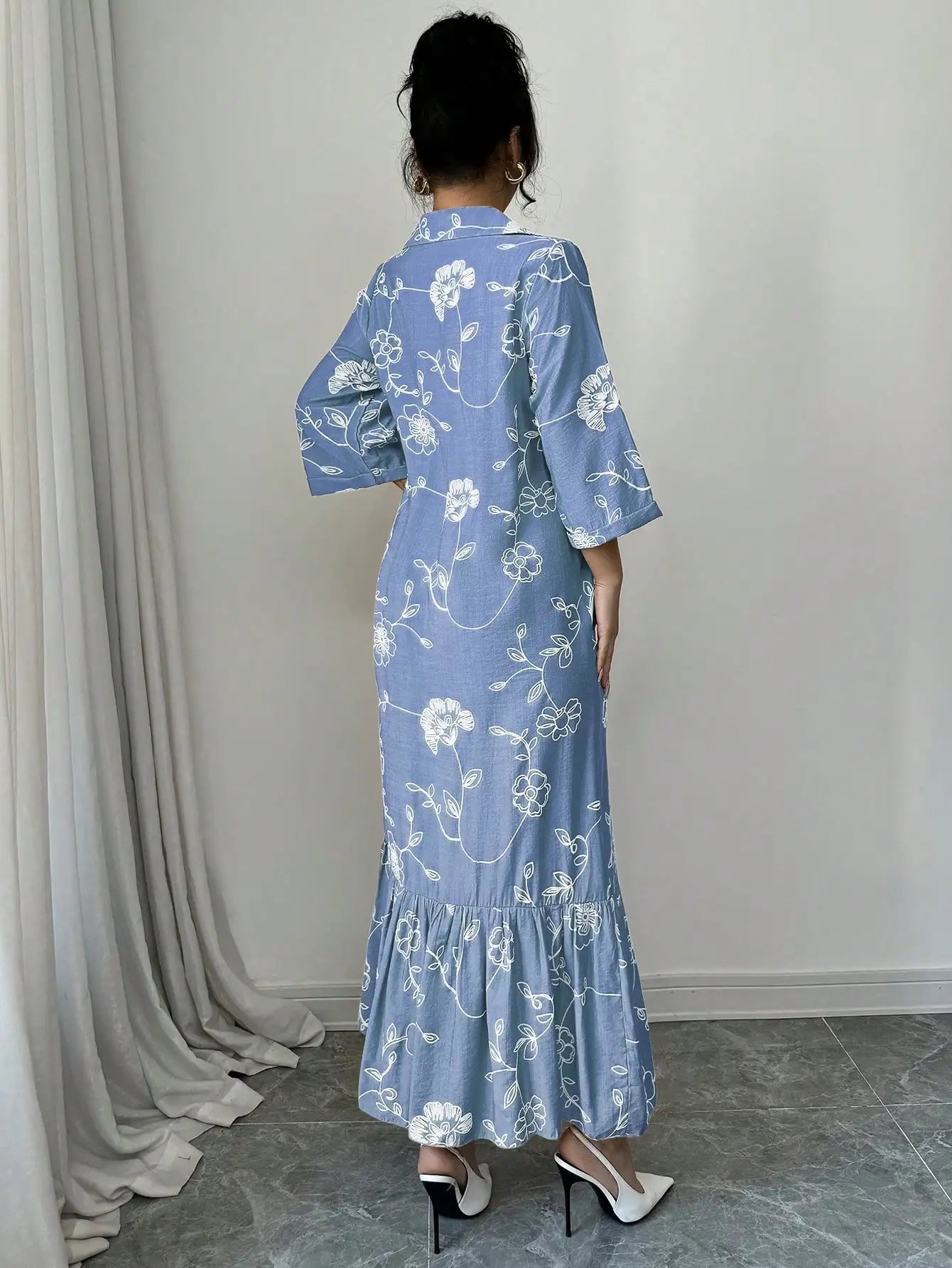 Elegant Floral Embroidered Long Shirt Dress For Women