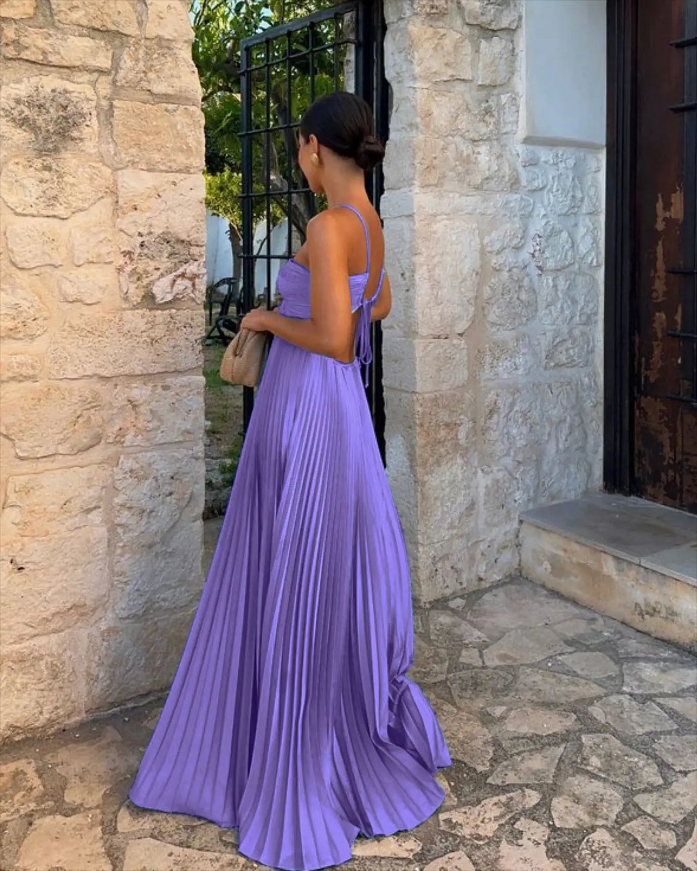 Blue Pleated Halter Long Dress Women Solid Sleeveless Backless Lace-up Maxi Dress Summer Chic Beach Vacation Party Vestidos Robe