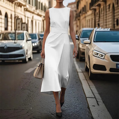 Women Elegant Style Party Prom Dress Summer Sexy Sleeveless Fashion Casual Irregular Hem Midi Dresses Ladies Solid Color Vestido