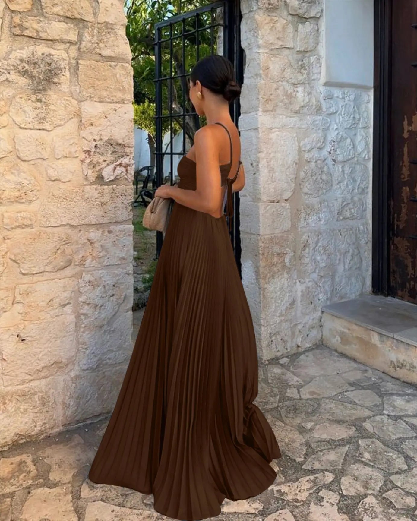 Blue Pleated Halter Long Dress Women Solid Sleeveless Backless Lace-up Maxi Dress Summer Chic Beach Vacation Party Vestidos Robe