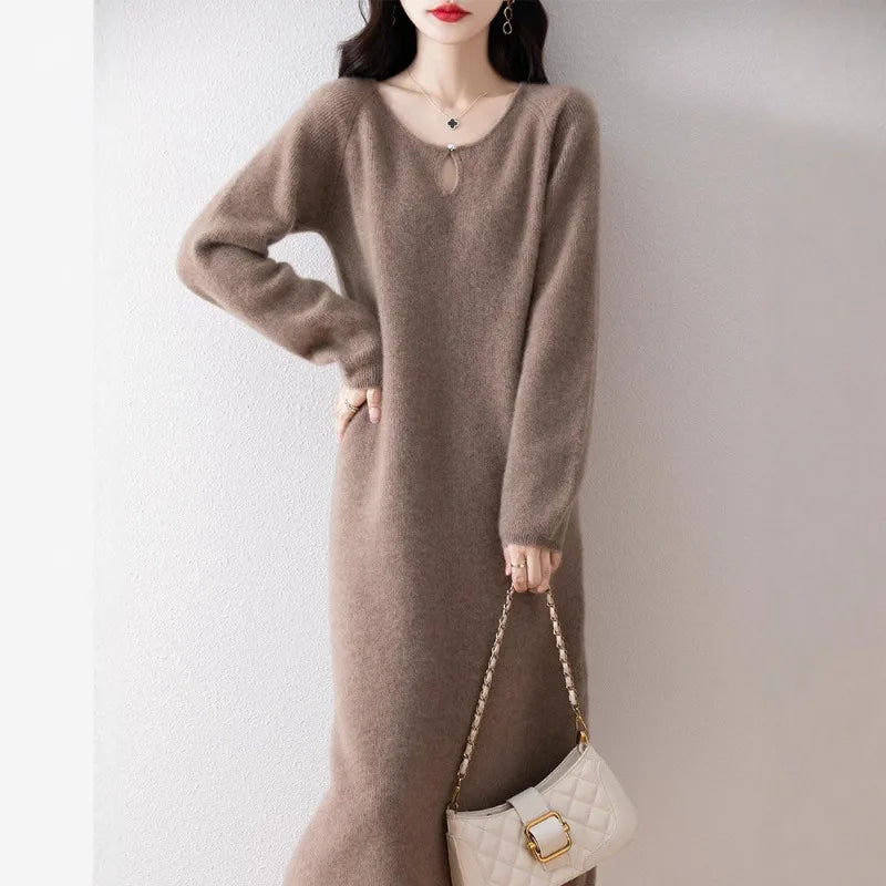 Vestidos Mujer Solid O Neck Autumn Winter Thick Knitted Women Dresses Korean Fashion Versatile Warm Long Dress