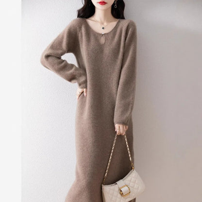 Vestidos Mujer Solid O Neck Autumn Winter Thick Knitted Women Dresses Korean Fashion Versatile Warm Long Dress