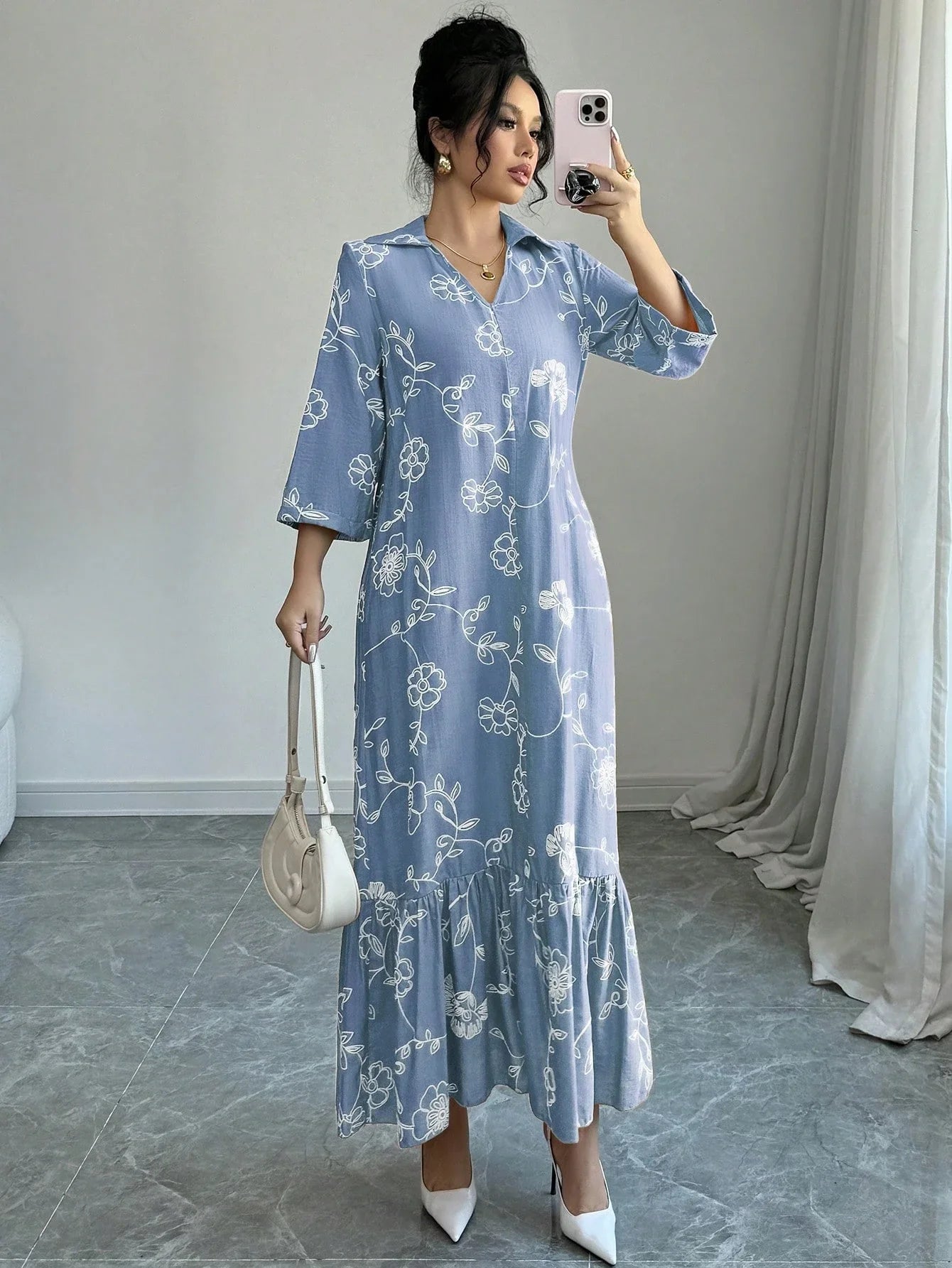 Elegant Floral Embroidered Long Shirt Dress For Women