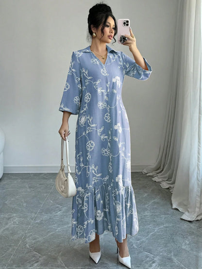 Elegant Floral Embroidered Long Shirt Dress For Women