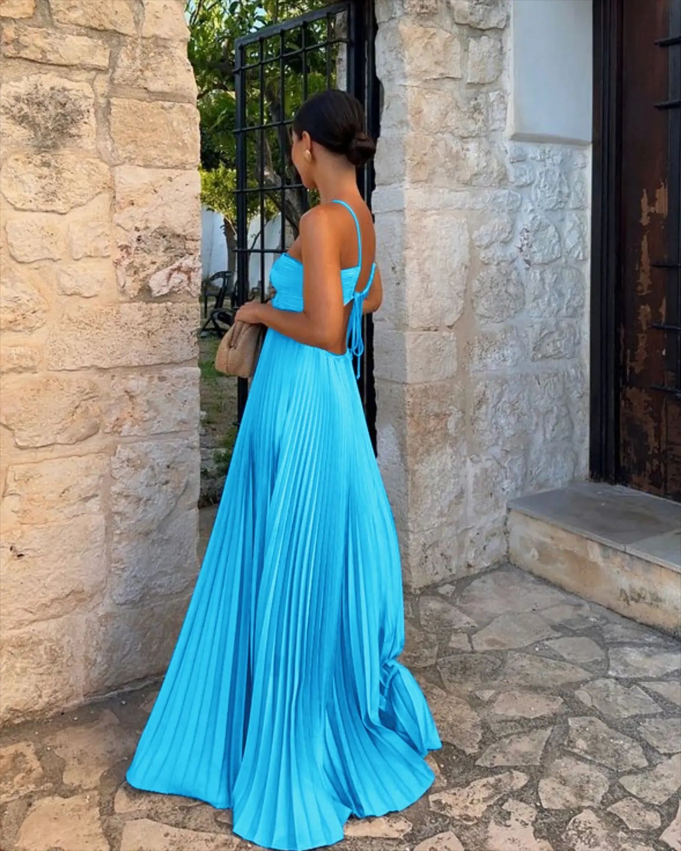 Blue Pleated Halter Long Dress Women Solid Sleeveless Backless Lace-up Maxi Dress Summer Chic Beach Vacation Party Vestidos Robe