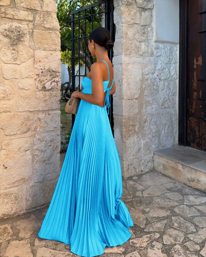 Blue Pleated Halter Long Dress Women Solid Sleeveless Backless Lace-up Maxi Dress Summer Chic Beach Vacation Party Vestidos Robe
