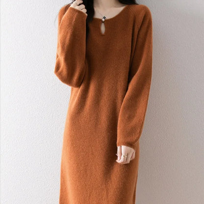 Vestidos Mujer Solid O Neck Autumn Winter Thick Knitted Women Dresses Korean Fashion Versatile Warm Long Dress