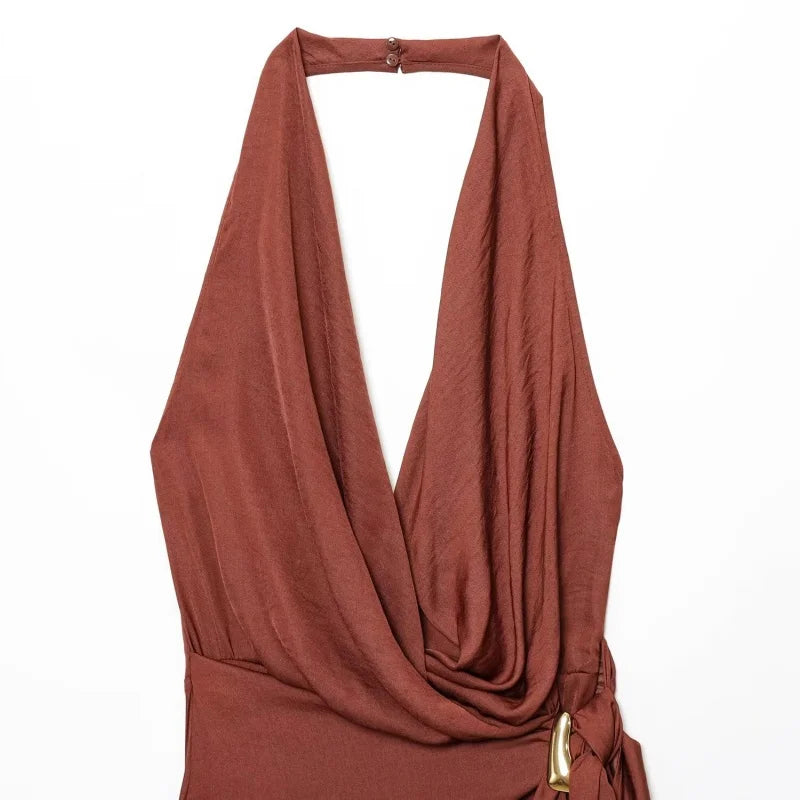 BSAY sexy Dress for Women Fashion Summer New Sleeveless Backless brown Hanging neck collar Chic Female Evening Dresses Mujer