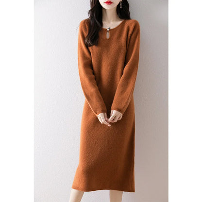 Vestidos Mujer Solid O Neck Autumn Winter Thick Knitted Women Dresses Korean Fashion Versatile Warm Long Dress