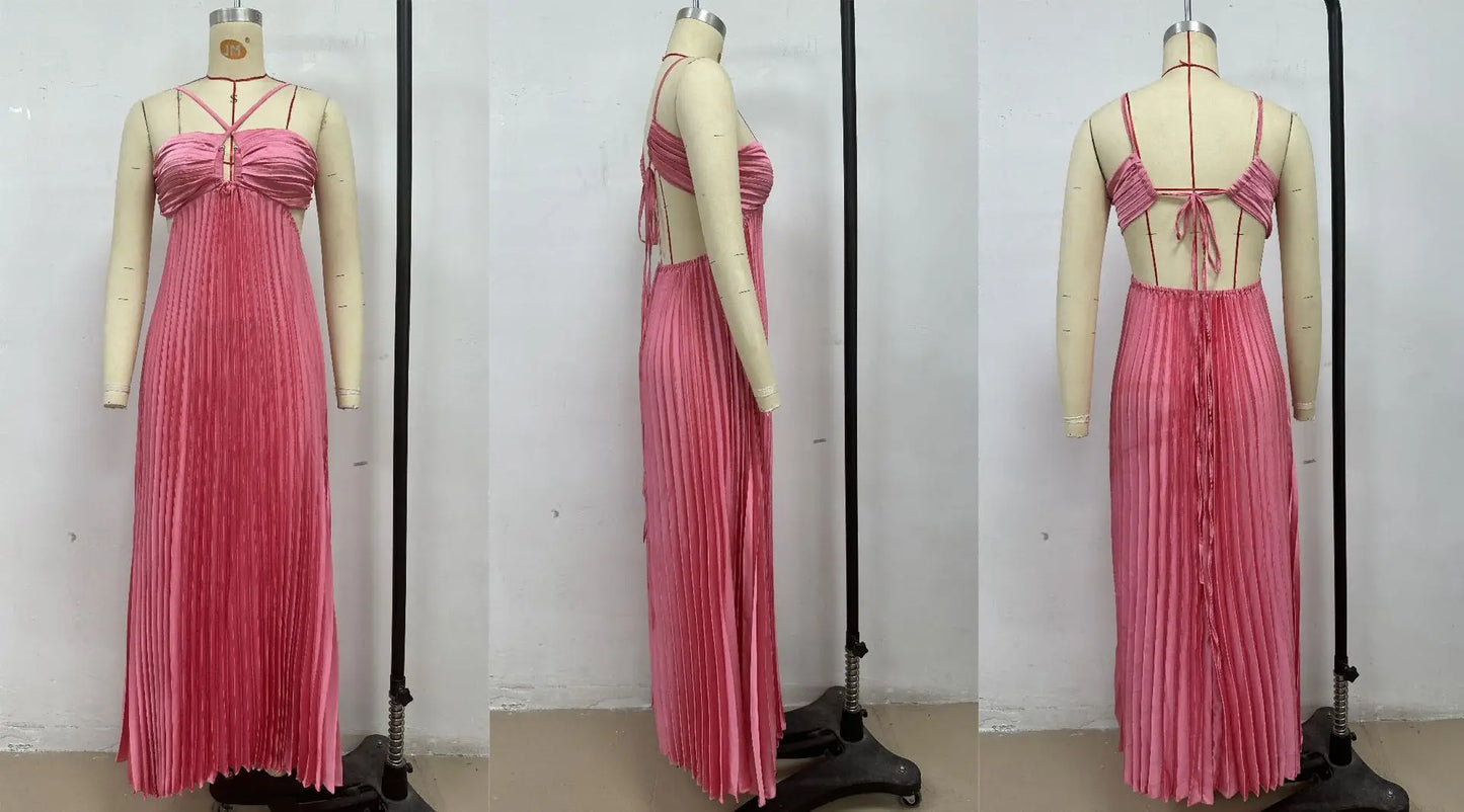 Blue Pleated Halter Long Dress Women Solid Sleeveless Backless Lace-up Maxi Dress Summer Chic Beach Vacation Party Vestidos Robe