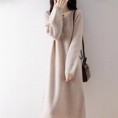 Vestidos Mujer Solid O Neck Autumn Winter Thick Knitted Women Dresses Korean Fashion Versatile Warm Long Dress