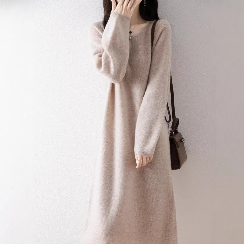 Vestidos Mujer Solid O Neck Autumn Winter Thick Knitted Women Dresses Korean Fashion Versatile Warm Long Dress