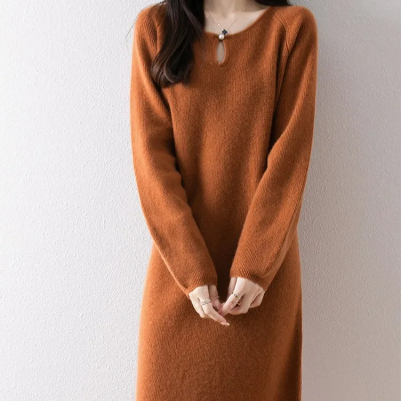 Vestidos Mujer Solid O Neck Autumn Winter Thick Knitted Women Dresses Korean Fashion Versatile Warm Long Dress