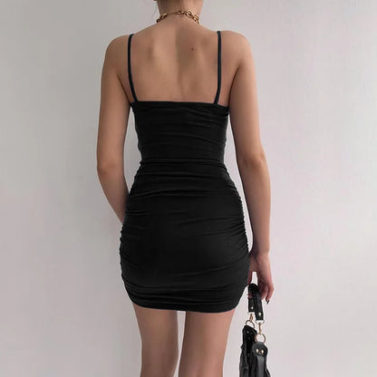2022 Sexy Spaghetti Strap Bodycon Dress Women Backless Folds Wrap Hip Dresses Female Causal Streetwear Slim Dress Vestidos Robes