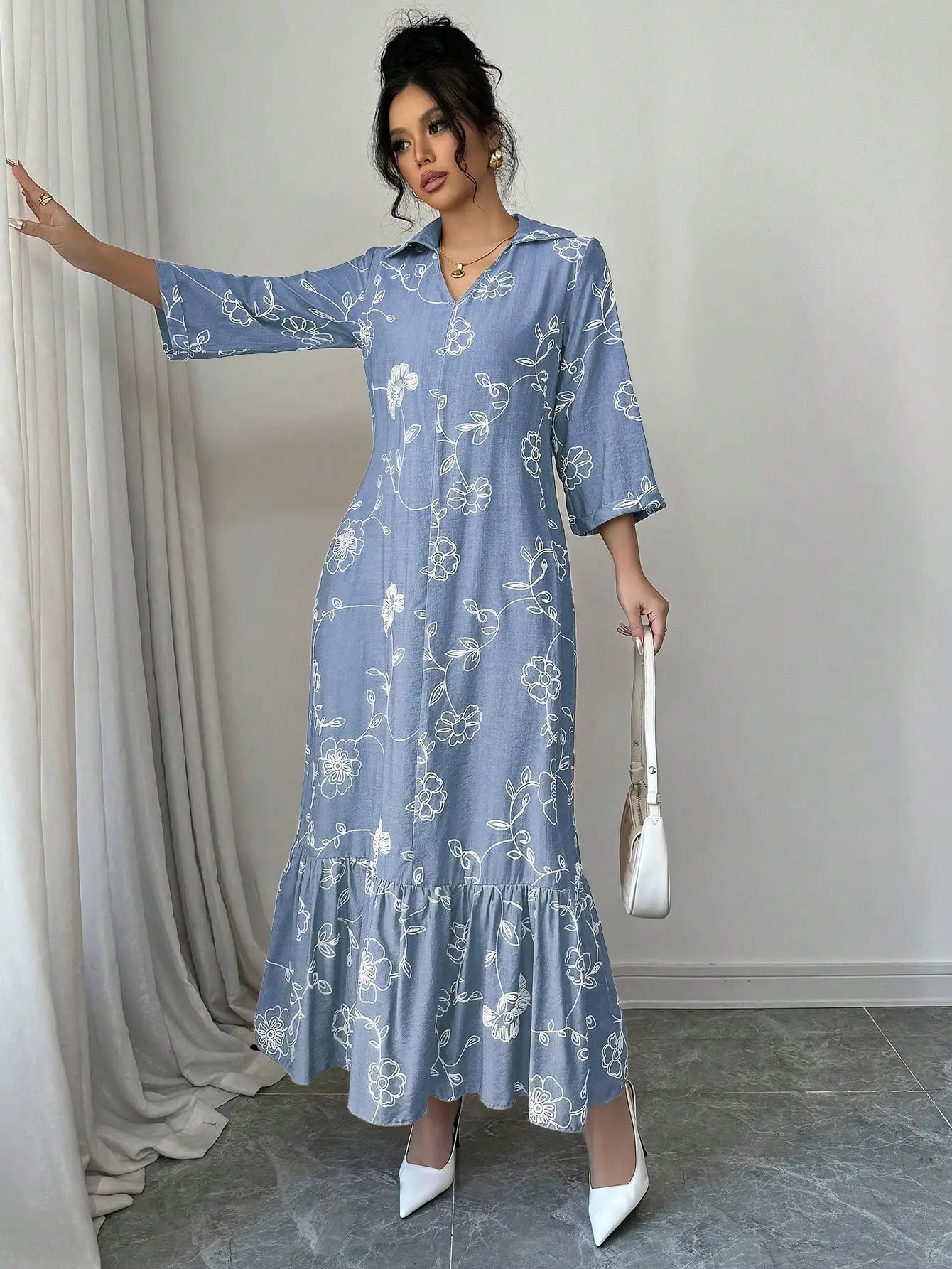 Elegant Floral Embroidered Long Shirt Dress For Women