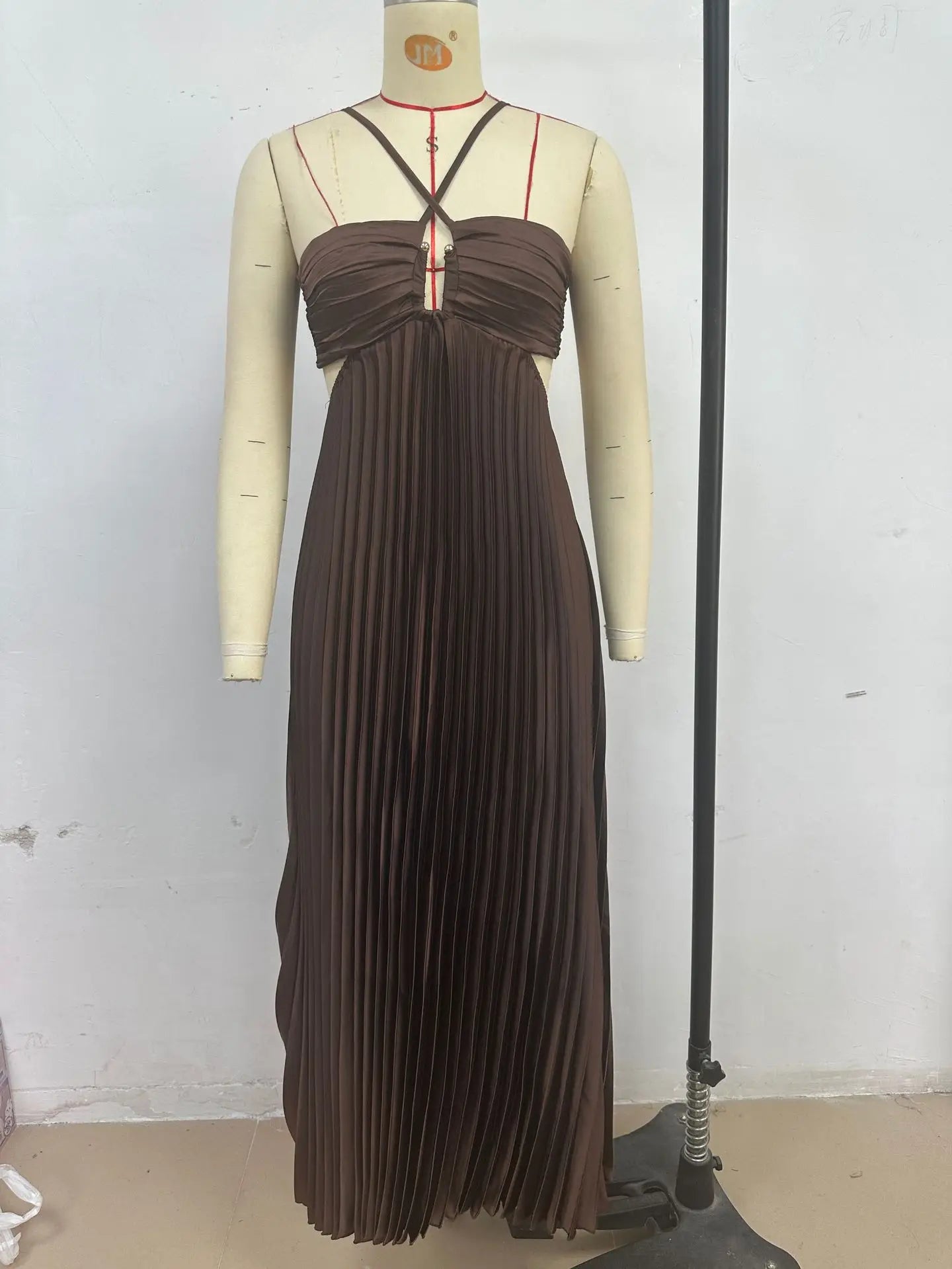 Blue Pleated Halter Long Dress Women Solid Sleeveless Backless Lace-up Maxi Dress Summer Chic Beach Vacation Party Vestidos Robe