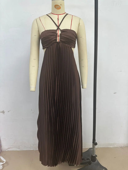 Blue Pleated Halter Long Dress Women Solid Sleeveless Backless Lace-up Maxi Dress Summer Chic Beach Vacation Party Vestidos Robe