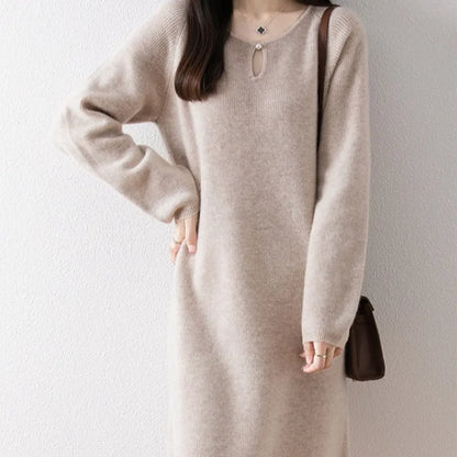 Vestidos Mujer Solid O Neck Autumn Winter Thick Knitted Women Dresses Korean Fashion Versatile Warm Long Dress