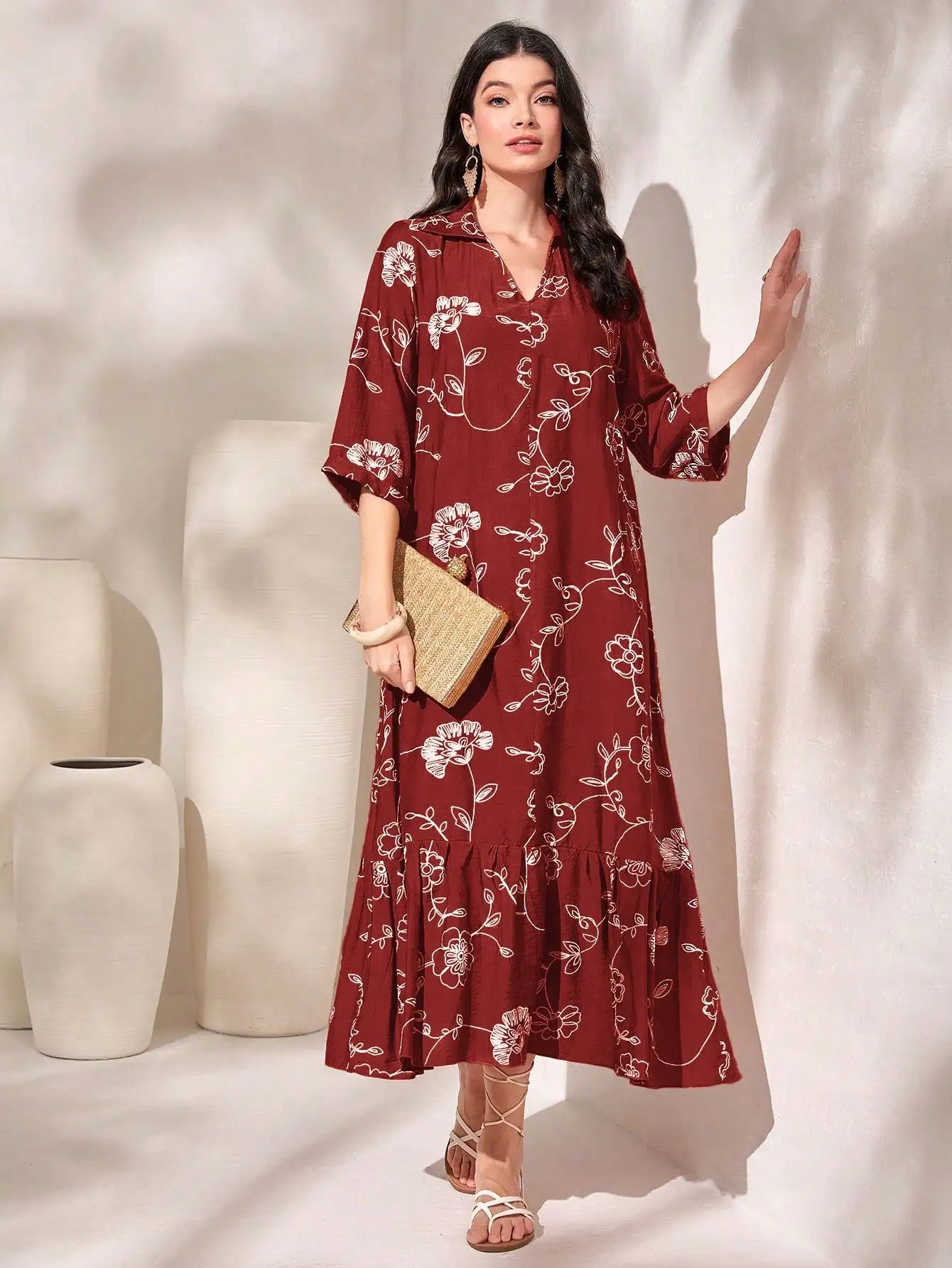 Elegant Floral Embroidered Long Shirt Dress For Women
