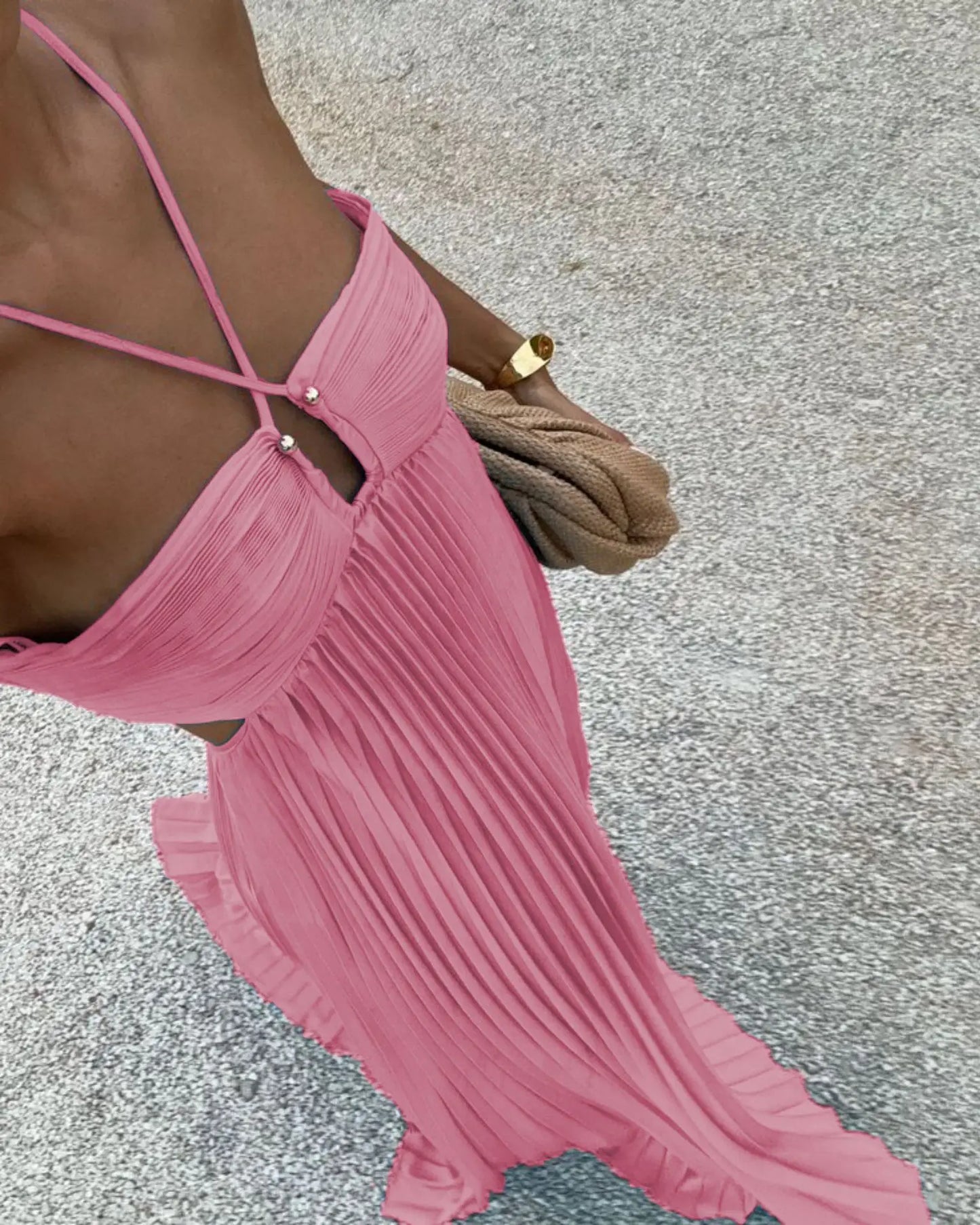 Blue Pleated Halter Long Dress Women Solid Sleeveless Backless Lace-up Maxi Dress Summer Chic Beach Vacation Party Vestidos Robe