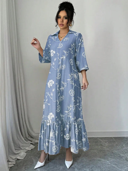 Elegant Floral Embroidered Long Shirt Dress For Women