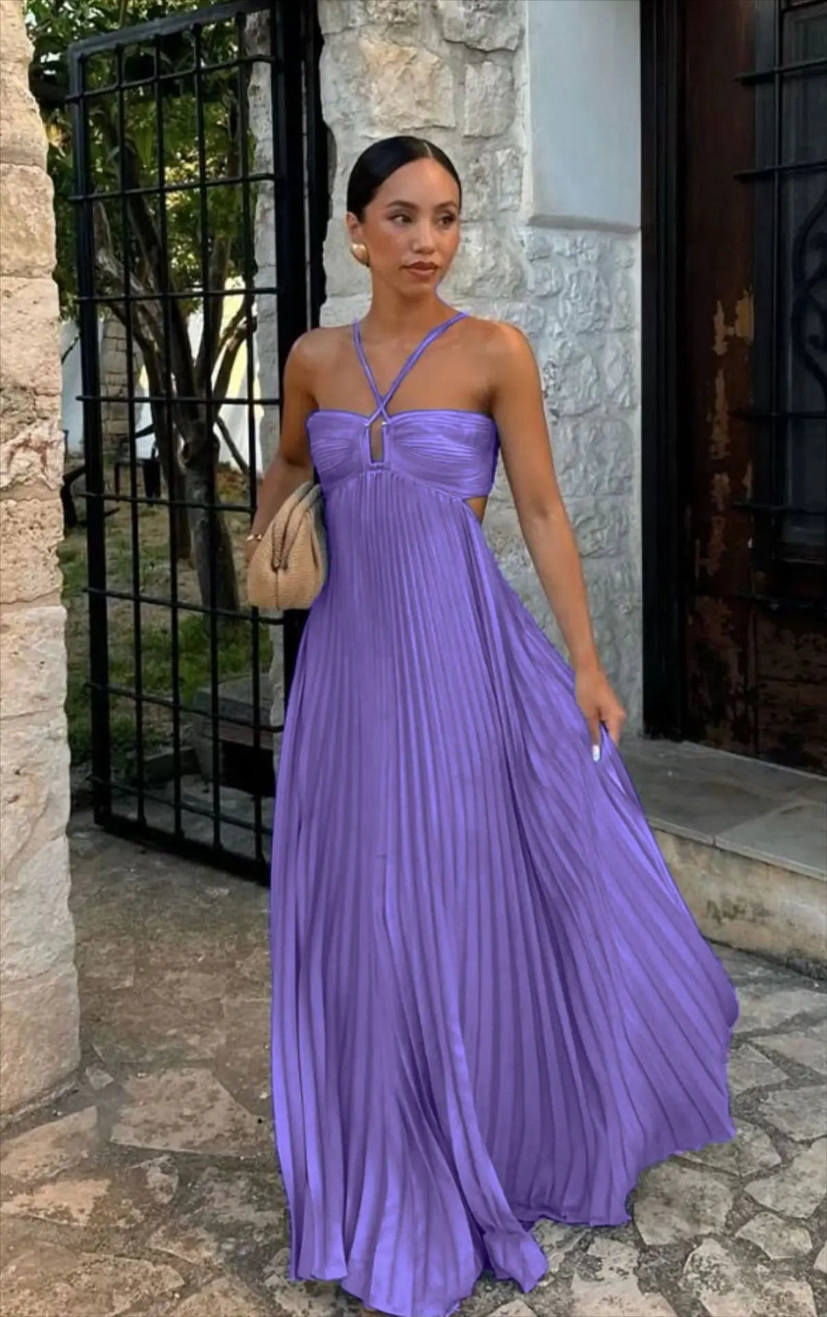 Blue Pleated Halter Long Dress Women Solid Sleeveless Backless Lace-up Maxi Dress Summer Chic Beach Vacation Party Vestidos Robe