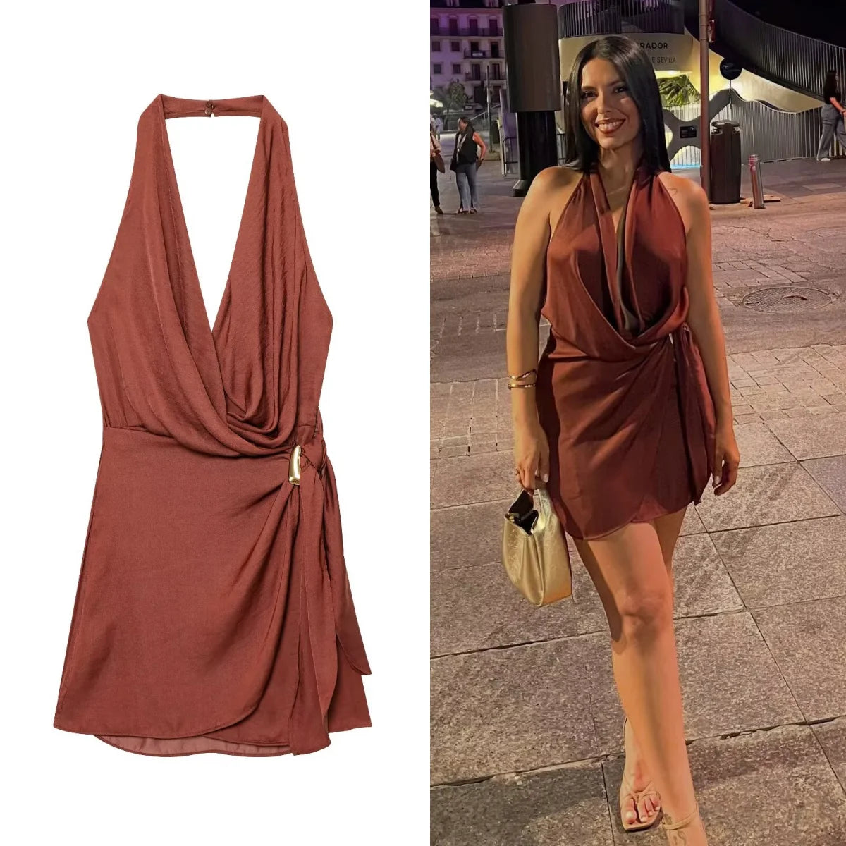 BSAY sexy Dress for Women Fashion Summer New Sleeveless Backless brown Hanging neck collar Chic Female Evening Dresses Mujer