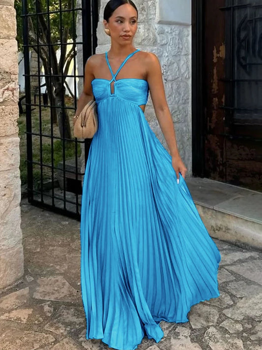 Blue Pleated Halter Long Dress Women Solid Sleeveless Backless Lace-up Maxi Dress Summer Chic Beach Vacation Party Vestidos Robe