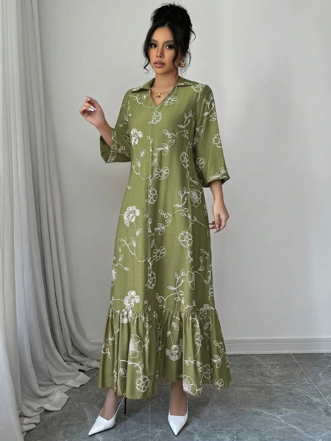Elegant Floral Embroidered Long Shirt Dress For Women