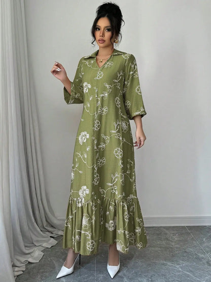 Elegant Floral Embroidered Long Shirt Dress For Women