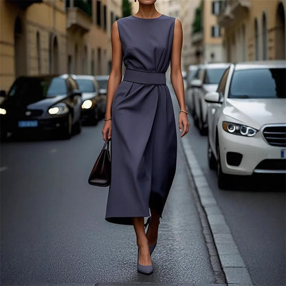 Women Elegant Style Party Prom Dress Summer Sexy Sleeveless Fashion Casual Irregular Hem Midi Dresses Ladies Solid Color Vestido