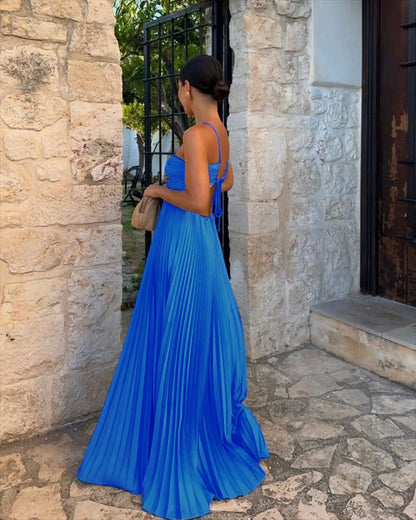 Blue Pleated Halter Long Dress Women Solid Sleeveless Backless Lace-up Maxi Dress Summer Chic Beach Vacation Party Vestidos Robe