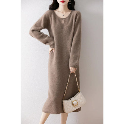 Vestidos Mujer Solid O Neck Autumn Winter Thick Knitted Women Dresses Korean Fashion Versatile Warm Long Dress