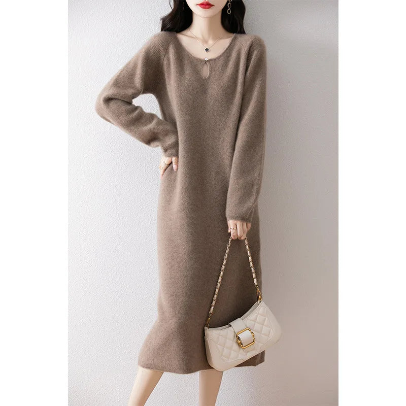 Vestidos Mujer Solid O Neck Autumn Winter Thick Knitted Women Dresses Korean Fashion Versatile Warm Long Dress