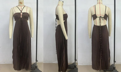 Blue Pleated Halter Long Dress Women Solid Sleeveless Backless Lace-up Maxi Dress Summer Chic Beach Vacation Party Vestidos Robe