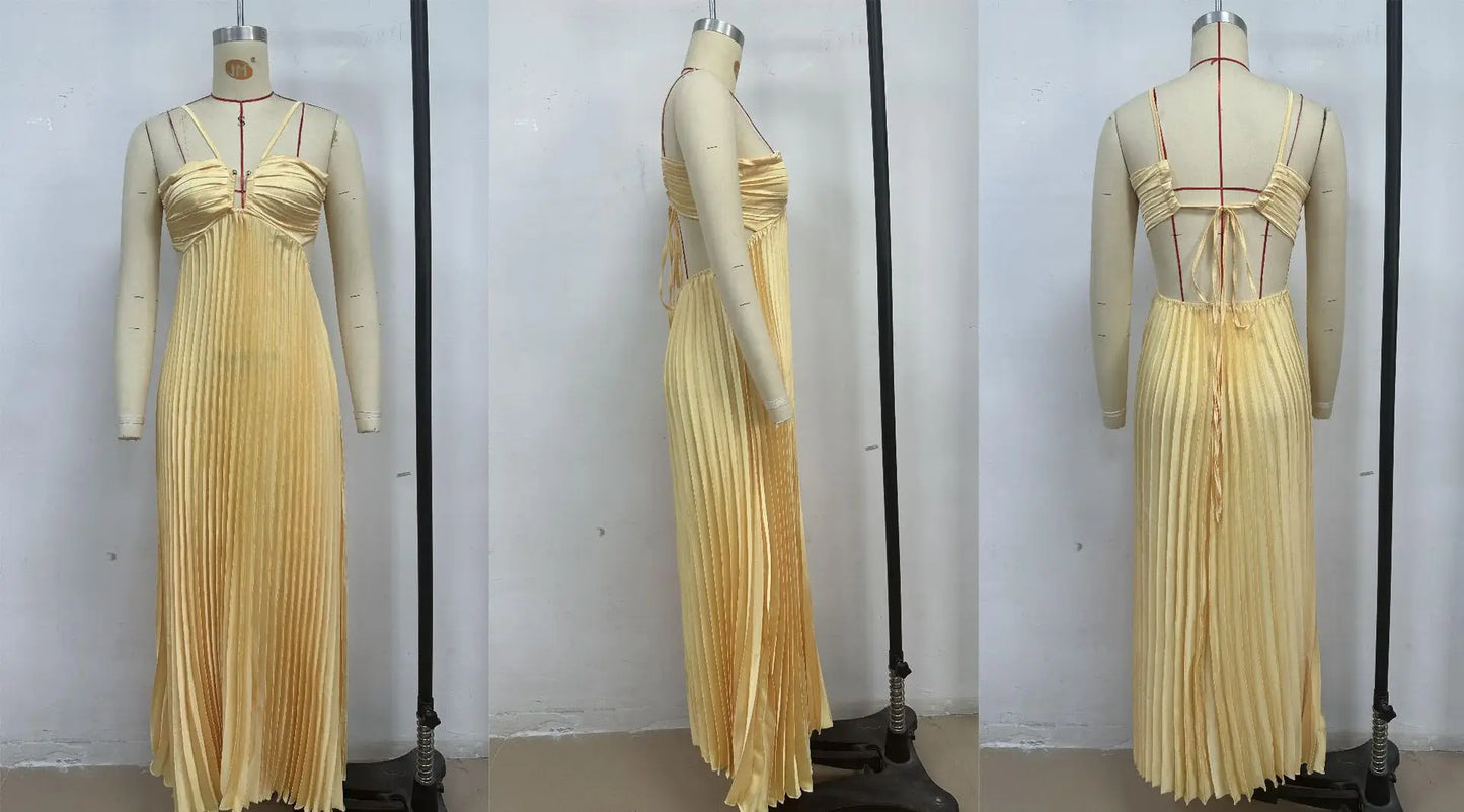 Blue Pleated Halter Long Dress Women Solid Sleeveless Backless Lace-up Maxi Dress Summer Chic Beach Vacation Party Vestidos Robe