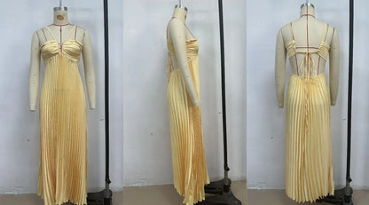 Blue Pleated Halter Long Dress Women Solid Sleeveless Backless Lace-up Maxi Dress Summer Chic Beach Vacation Party Vestidos Robe