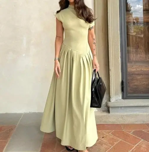 Dresses Women's 2026 New Fashion Female Clothing Summer Round Neck Short Sleeve Patchwork Asymmetrical Pleated High Waist Dress