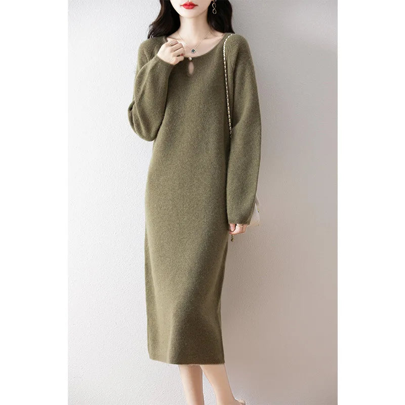 Vestidos Mujer Solid O Neck Autumn Winter Thick Knitted Women Dresses Korean Fashion Versatile Warm Long Dress