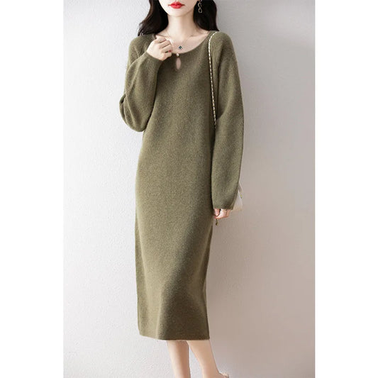 Vestidos Mujer Solid O Neck Autumn Winter Thick Knitted Women Dresses Korean Fashion Versatile Warm Long Dress