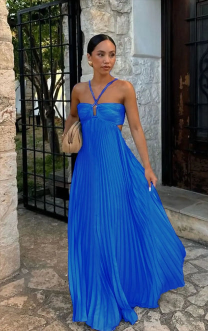 Blue Pleated Halter Long Dress Women Solid Sleeveless Backless Lace-up Maxi Dress Summer Chic Beach Vacation Party Vestidos Robe
