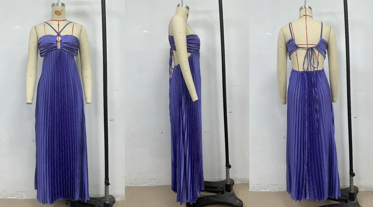 Blue Pleated Halter Long Dress Women Solid Sleeveless Backless Lace-up Maxi Dress Summer Chic Beach Vacation Party Vestidos Robe