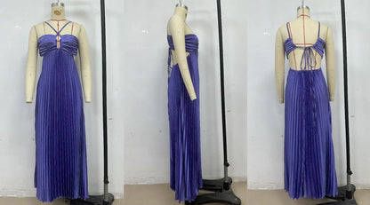 Blue Pleated Halter Long Dress Women Solid Sleeveless Backless Lace-up Maxi Dress Summer Chic Beach Vacation Party Vestidos Robe