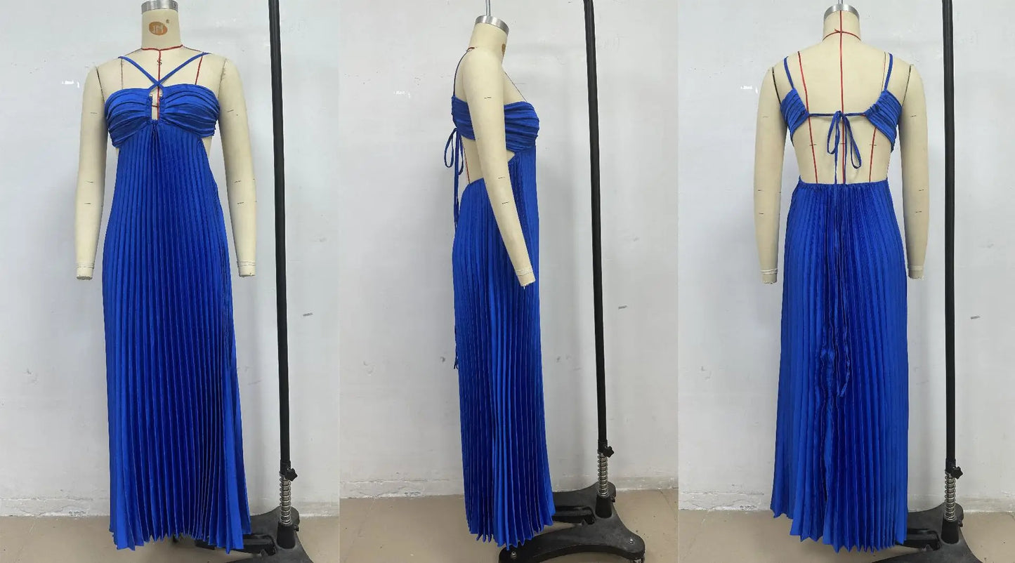 Blue Pleated Halter Long Dress Women Solid Sleeveless Backless Lace-up Maxi Dress Summer Chic Beach Vacation Party Vestidos Robe