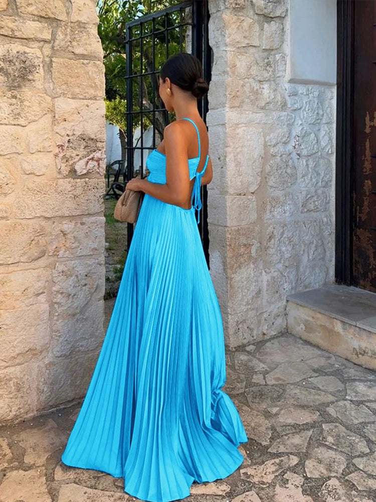 Blue Pleated Halter Long Dress Women Solid Sleeveless Backless Lace-up Maxi Dress Summer Chic Beach Vacation Party Vestidos Robe