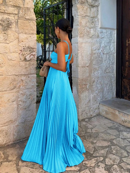 Blue Pleated Halter Long Dress Women Solid Sleeveless Backless Lace-up Maxi Dress Summer Chic Beach Vacation Party Vestidos Robe