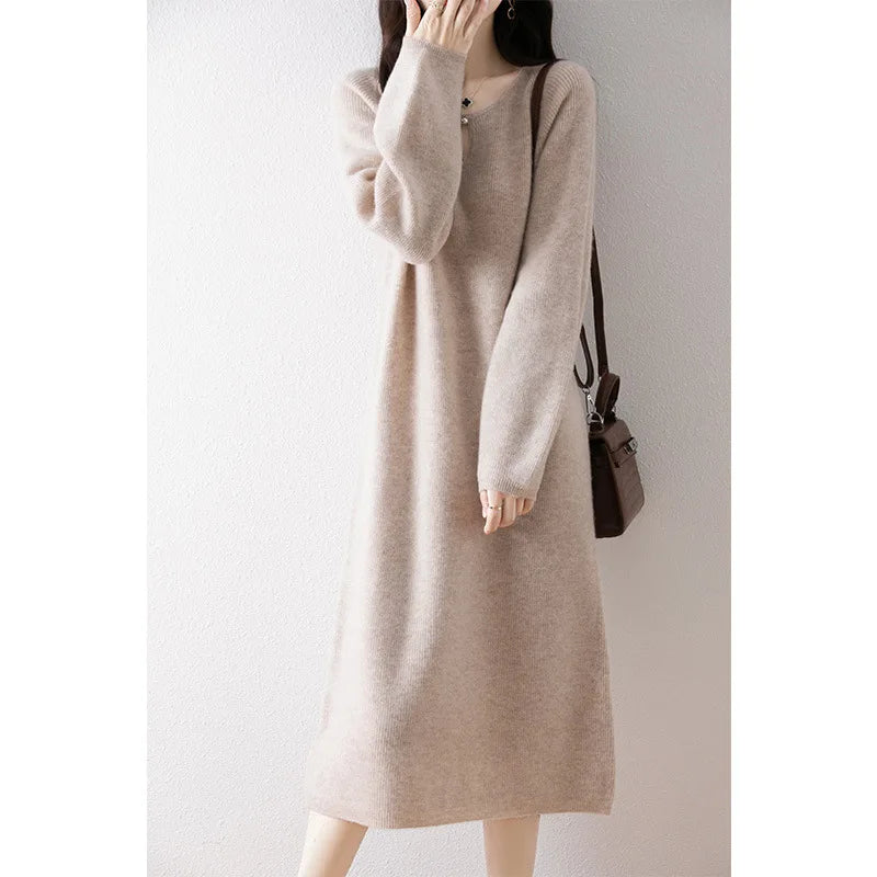 Vestidos Mujer Solid O Neck Autumn Winter Thick Knitted Women Dresses Korean Fashion Versatile Warm Long Dress